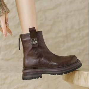 Brand British Style Fur Snow Boots Womens Winter Leather Platform Ankle Boots Vintage Fleece-Lined Thickened Martin Boots