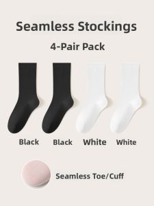 JINGCHI | Womens Summer Thin Cotton Socks Pure Cotton Mid-Calf Socks For Small Leather Shoes White New Moon Long Socks
