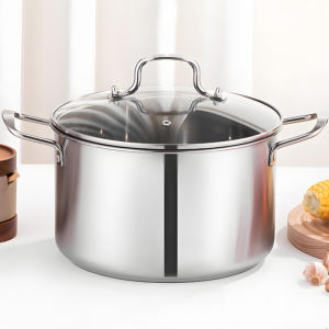 26cm Thickened Stainless Steel Stock Pot Large Capacity Double Handle Soup & Steamer Pot with Glass Lid
