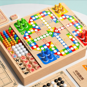 TONGMUXING | Multifunctional Early Learning Brain Training Wooden Double-sided Parent-Child Interaction Flying Chess Game