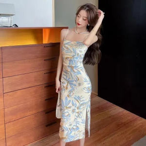 Váy Mùa Hè Mỏng Hở Vai in Họa Tiết Pure Desire Cho Nữ Váy Midi Ôm Sát Eo Thon Gọn Váy Không Tay Bằng Vải Polyester