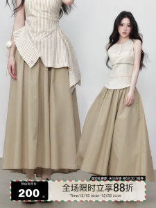 Yuzhi Khaki Color Versatile A-Line Long Skirt Womens Summer New Casual Elegant Half-length Skirts High Waist Polyester Fiber