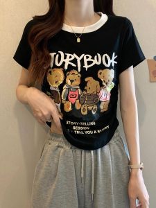 Áo Thun Nữ Tay Ngắn Dáng Ôm in Chữ Hoạt Hình Mùa Hè Không Đều Che Bụng Thời Trang Công Sở Phong Cách Hàn Quốc Cổ Tròn