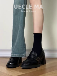 MASHUJIA | Leather Retro Loafer Shoes Thick Heel Slip-On