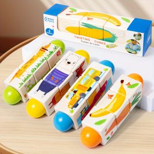 Wooden Twisting Cubes Montessori Toy for Toddlers – Animal Fruit Vehicle Puzzle Blocks – Early Learning Educational Toy for Baby Kids 1-3 Years