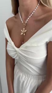 KunJoe Elegant Gold Color Imitation Pearl Flower Tassel Pendant Necklace Women Exquisite Clavicle Chain Jewelry Birthday Gifts