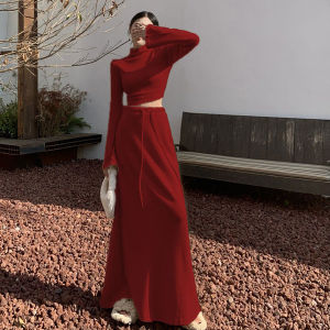 【READY SOTCK】2024 New Year Dragon Spring Festival Womens Fashion Retro Red Set Dress Autumn/Winter Half High Neck Slim Fit Top+Long Dress Two Piece Set