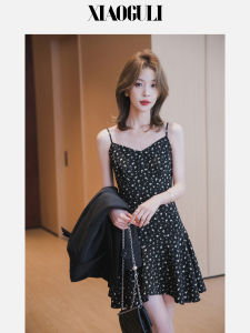 Black Floral Print Belted Halter Dress Womens Mini Summer New Style Fashionable Belted Dresses Short Skirt V-Neck Polyester Fiber