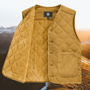 Autumn Winter Padded Warm Vest Mens Diamond Check Shoulder Undershirt Workwear Corduroy V-neck Jackets Men Clothing Large Size