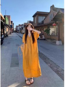 Yellow Loose V-Neck Linen Dress Women Summer New Lantern Sleeve Hollow Simple Casual Long Skirt Straight Tube Dress