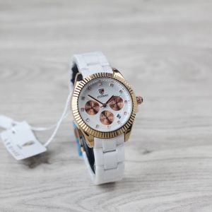 Jam Tangan Wanita Leopard 6237: Tali Rantai Keramik & Tanggal Aktif Chrono Off Bulat Analog Original