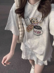 Grey Pure Cotton Short Sleeve T-Shirt Womens Loose Oversize American Style Summer Top Breathable Comfortable Crew Neck Print Clothes