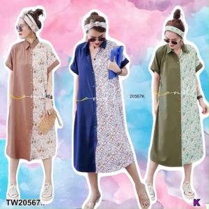 TW20567 เดรสเชิ้ต แขนเบิ้ล ทูโทน พิมพ์ลาย ..