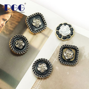 Retro Camellia Lock Chain Edged Metal Button Double-color Womens Coat Button