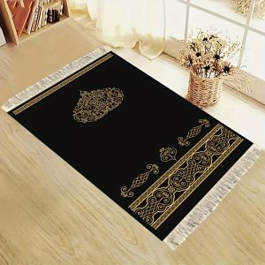 Thảm Cầu Nguyện Sang Trọng VIKAMA Black Gold Scroll Thiết Kế Tối Giản Tua Rua Trắng Chất Liệu Polyester Mặt Sau Bằng Vải Lộn Dành Cho Nhà Ở Phòng Ngủ.