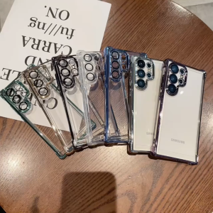 🇹🇭✨NEW✨เคส ซัมซุง เคส samsung สำหรับ Samsung S25 S24 S23 S22 S21Ultra Plus เคสโทรศัพท์มือถือที่มีฟิลม์นิรภัยสำหรับเลนส์สี่มุมป้องกันการตกเคสพื้นที่ชุบด้วยไฟฟ้าโปร่งใสไล่ระดับสีใสแวววาวป้องกันการตกแบบรวมทุกอย่างเคส