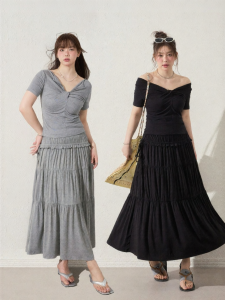 JULULOOK | Bộ Áo & Chân Váy Cổ V Kéo Nơ Giảm Cân cho Size Lớn