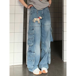 American Retro Workwear Denim Pants Mens Womens High Street Loose Slim Wide Leg Pants Multiple Pockets Bamboo Fiber