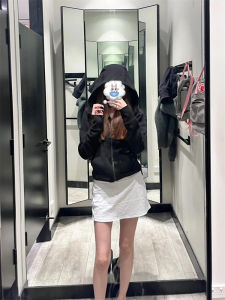 Retro American Black Hoodie Jacket Womens Spring Autumn Thin Short Slim Fit Cardigan Zipper Top Cotton Polyester Blend