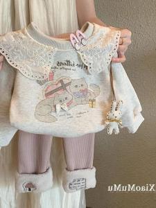 Girls Fleece Lined Hoodie Cartoon Cat Letter Print Ruffle Collar Baby Warm Top Trendy Cute Korean Style Womens Sweatshirt