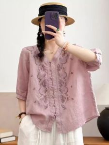 เสื้อเชิ้ตคอวีผ้าลินินผสมฝ้ายฤดูร้อนสำหรับผู้หญิง เสื้อเชิ้ตแขนยาวทรงหลวมๆ สไตล์ลำลอง ปักลายละเอียด ชุดทำงาน ปกติ