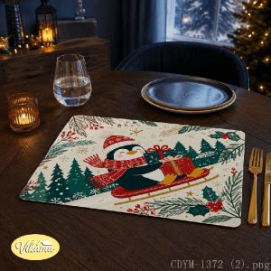 VIKAMA Christmas Penguin Sled Gift Placemat Snowflake Table Mat Dining Kitchen Holiday Home Decor Aesthetic Art Large Premium