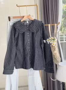 ●ECLAIRE● 043 Kemeja Big Collar Cotton Denim Salur Stripe Garis-garis longsleeves lengan panjang Korea Kerja Kasual Veira Import