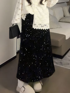 Shiny Sequin Mid-Length Skirt plus Size Womens Fashion High Waist Straight Cut Autumn Winter Elegant Slimming Versatile Skirt