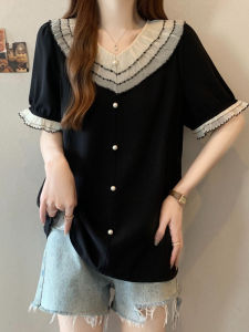 AIYITI | Ruffle Hem Short Sleeve Shirt for Plus Size Women Slimming and Tummy Concealing Chiffon Blouse