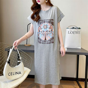 Letter Print Pure Cotton T-shirt Skirt Womens Summer New Arrival Loose Casual Slimming Slit Overknee Skirt Short Sleeve Dress