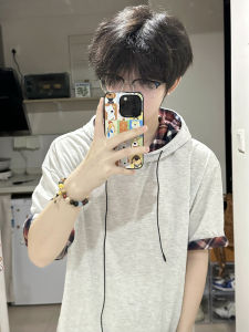 OUMULONG | Patched Plaid Hoodie Short Sleeve T-Shirt Cleanfit