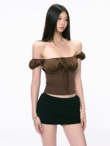 withmin | Áo Blouse Dáng Ôm Tay Ngắn Quai Hở Lưng Mùa Hè