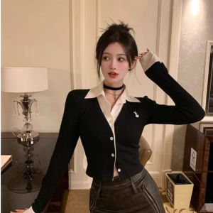 Áo Len Cardigan Dệt Kim Dài Tay Thêu Cổ Polo Cho Nữ Mùa Đông Thiết Kế Áo Sơ Mi Ngắn Ôm Vừa Vặn Giả Hai Mảnh Áo