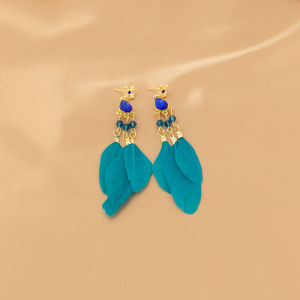 Ethnic Vacation Style Blue Feather Long Earrings Exquisite Retro Bohemia Mosquito Coil Non-Piercing Ear Clip Women