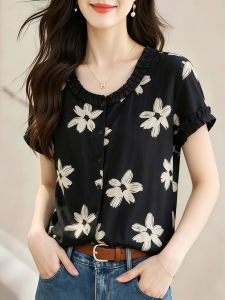 TIANQIANHUI | Black Floral Short Sleeve Thin Blouse Summer Lace Round Neck