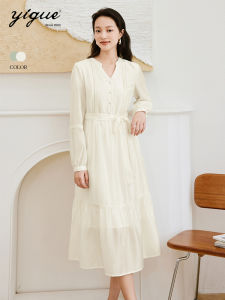Yigue | Silk-like V-neck High Class White Bubble Sleeve Dress