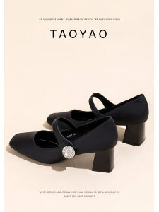 รองเท้าส้นสูง Mary Janes สีดำ ทรงสี่เหลี่ยมสไตล์ฝรั่งเศสย้อนยุค หนังนิ่ม สายรัดหนา รองเท้าส้นเดี่ยวสำหรับผู้หญิง รองเท้าแฟชั่นฤดูใบไม้ผลิ 2024