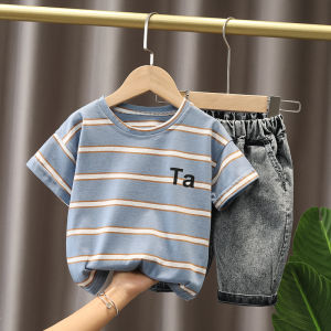 Anak anak Anak laki laki Kaos bergaris monogram Celana pendek denim Kapas Baju Katun Pakaian Setelan