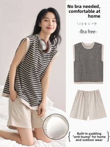 Miiow | Womens Summer Sleepwear Tank Top Set With Chest Pad Thin Breathable Home Clothes Short Pants Cotton Moisture Wicking Round Neck
