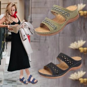 Women Wedge Sandals Slip-On PU Leather Fish Mouth Thick Bottom Open Toe Beach Shoes Ladies Casual Slippers Plus Size 35-40