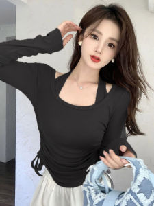 2025 New Pure Desire Design Hanging Neck Fake Two-Piece Shoulder T-Shirt Folded Rope Base Shirt Korean Style Commute Wind