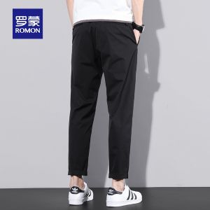ROMON | Loose Straight Leg Business Casual Pants For Men Romon Brand Khaki Color Spring Summer Season Elastic Waist Nine-Tenths Length