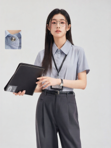 Summer Thin Blue Short Sleeve Shirt Women Formal Occasion