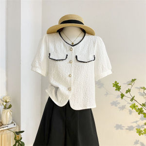 เสื้อเชิ้ตผู้หญิงแขนพองคอวีลายลูกไม้สั้นฤดูร้อน ผ้าชีฟอง ทรงเข้ารูป เสื้อเชิ้ตผู้หญิงสไตล์เกาหลี แขนสั้น ทรงเข้ารูป