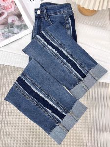 High Waist Straight Leg Denim Jeans plus Size Color Block Womens Autumn New Arrival Pear Shaped Body Fit Cotton Stretch Denim