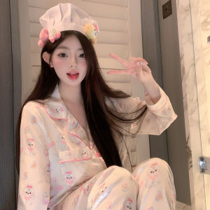 หวาน สุนัขตัวน้อยหัวใจ การ์ตูน น้ําแข็ง ผ้าไหม ชุดนอน เสื้อผ้าบ้านสบายสําหรับเด็กผู้หญิงแขนยาว คอวี ฤดูใบไม้ร่วง ฤดูหนาว ชุดนอน