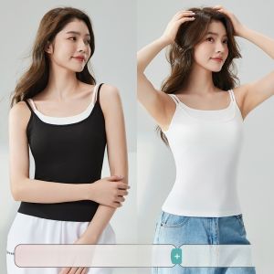 MiiOW | เสื้อกั๊กสายเดี่ยวแบบบาง ทรงสลิมฟิต สำหรับผู้หญิง ฤดูร้อน 2025 ชุดชั้นในแบบสวมด้านนอก สีบล็อก คอกลม แขนสั้น โพลีเอสเตอร์