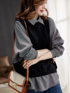 Áo Sơ Mi Nữ Dáng Ôm Phong Cách Hàn Quốc Cổ Polo Tay Dài Mùa Thu Thường Ngày Giả Hai Mảnh