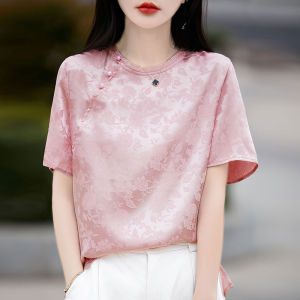 Chinese Style Short Sleeve T-shirt for Women Summer 2024 New Lightweight Floral Printed Vine Silk Crewneck Work Clothing