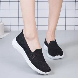 Womens Summer Comfortable Casual Shoes Breathable Fly Knit Hollow Mesh Soft Bottom Lightweight Slip-On Flat Heel Fashion Single Shoes